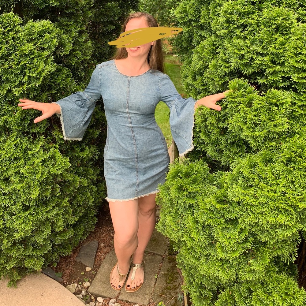 Free People Denim Fringed Raw Hem Flare Backless Dress - Picture 8 of 16